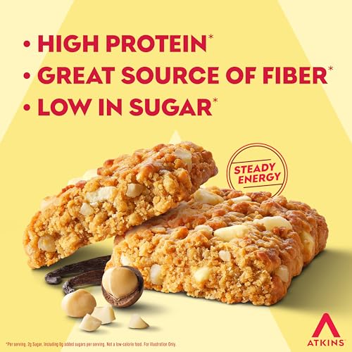 Image of Atkins Soft Baked High Protein Bars, Vanilla Macadamia Nut Flavor, 15g Protein, 4g Net Carbs, 2g Sugar, Excellent Source of Fiber, High Protein, 6 pack (4 bars each)