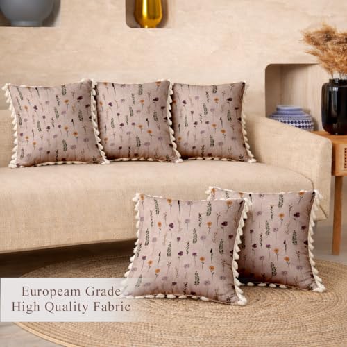 Image of STITCHNEST 'Little Meadow Series' Tassled Cushion Cover | Set of 5 | Floral Cushion Cover 16 inch x 16 inch