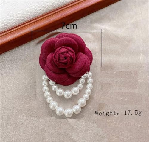 Image of Elegant Camellia Flower Faux Pearl Brooch Pin,Bohemian Fabric Flower Brooch Pins Pearl Tassel for Women Teen Girls, Corsage Wedding Brooches Clothes Dress Coat Accessories Jewelry Gift (Red)