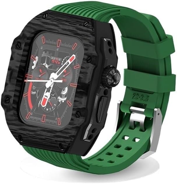 Kit modification Apple Watch 45mm en fibre de carbone et bracelet caoutchouc fluor de luxe
