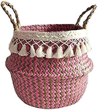 SZETOSY Natural Seagrass Storage Basket - GOODCHANCEUK Seagrass Belly Basket With PomPom Foldable Woven Basket With Handle for Laundry, Toys or Planters,Nursery Style#5 22x20CM