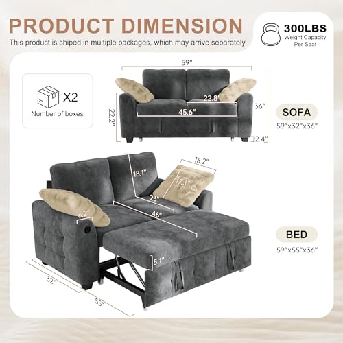 Image of Hanherry 59 inch Loveseat Couch with Pull Out Sofa Bed, Chenille 2-in-1 Convertible 2 Seater Sleeper Sofa with USB Charging,Comfy Love Seat for Small Spaces Living Room Apartment