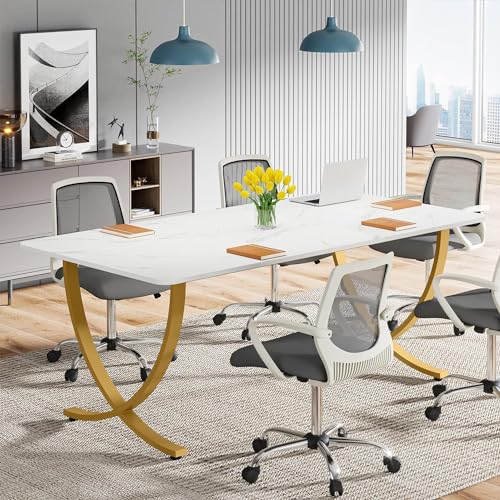 Image of Tribesigns Executive Desk, 63 inch W x 31.5 inch D Large Office Desk, Modern Computer Desk Conference Table Meeting Room Table, Business Furniture for Home Office, White and Gold