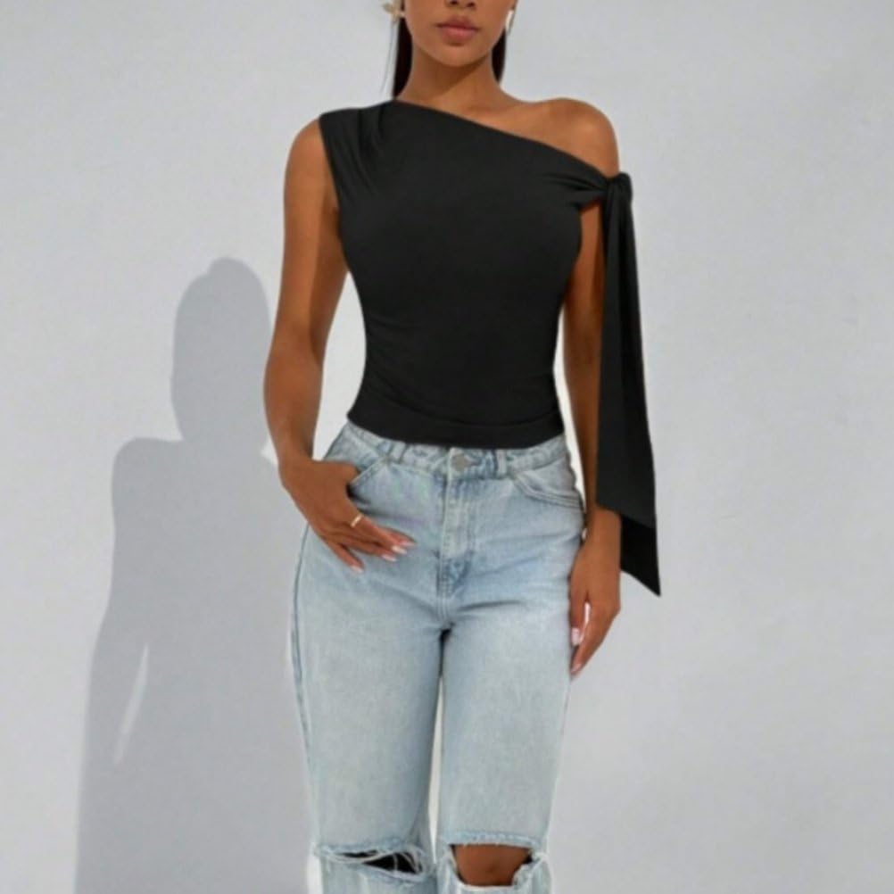 Canotte Eleganti Per Le Donne Moda Asimmetrico Collo Fluido Nastro Camicie Senza Maniche