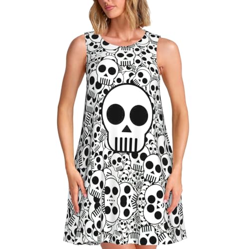 Robe d'été sans manches femme imprimé crânes noirs et blancs ample