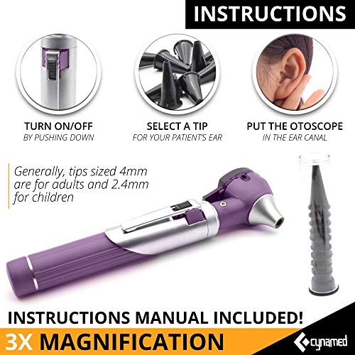 Cynamed Mini Otoscope - Portable Ear Light And Exam Kit For Home And Professional Use - 3X Magnifying Fiber Optic Scope With Spare Tips, Bulb, And Carrying Case - Pocket Diagnostic Equipment (Purple) #TOP4