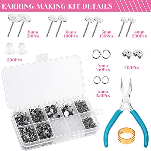 Hypoallergenic Earring Posts And Backs, Caffox 1800Pcs Stainless Steel Stud Earring Kit With Earring Base Studs, Earring Backs And Jump Rings For Clay, Resin, Pearls, Jewelry Making And Crafting #TOP3