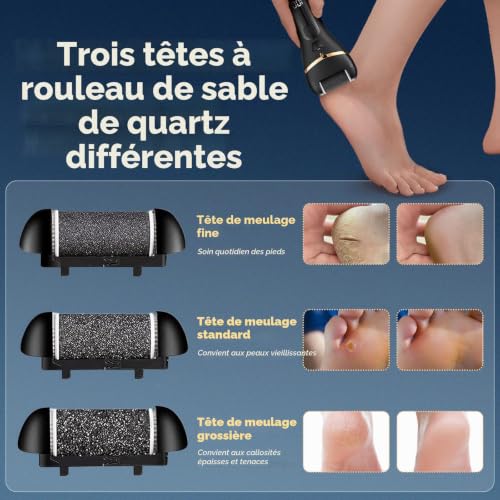 VIBINHO Rapeuse Pieds Électrique, Ponceuse Pied pour Callosités, 3 Vitesses Râpe Electrique Ponceuse, Pedicure Electrique Pied avec 3 Rouleaux – vue 5