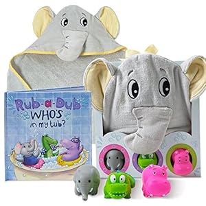 Tickle & Main, Baby Gift Set- Rub A Dub, Who’s in My Tub – 5 Piece Bath Set Includes Elephant Hooded Towel, 3 Jungle Safari Squirt Toys, and Book. Adorable for Boys and Girls!