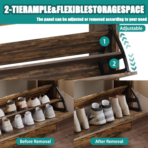 Image of Shoe Cabinet for Entryway with 3 Flip Drawers, Brown Tall Wood Shoe Storage Cabinet with Coat Rack, Narrow Hidden Slim Freestanding Shoe Rack Organizer, 2 in 1 Hall Tree for Living Room, Hallway
