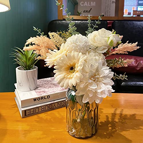 Poeuo Faux Flowers With Vase, Artificial Fake Flowers In Vase, Roses Silk Flowers With Eucalyptus Stems Arrangement For Kitchen Office Home Living Room Decorations Dining Table Centerpiece, Ivory #TOP2
