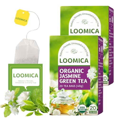 Image of LOOMICA Organic Jasmine Green Tea Bags, Organic Green Tea with Jasmine Flowers, Refreshing & Aromatic, Floral Infusion for Relaxation, No Sugar Added, 20 Counts, (Pack of 2)