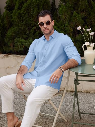 Friptspyg Leinenhemd Herren Hemd Langarm Baumwolle Leinen Hemden Button-Down Freizeithemden Casual Regular Fit Sommerhemd, Himmelblau L 2