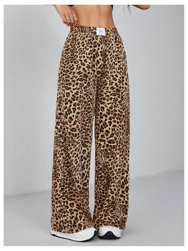 OYOANGLE Women's Leopard Wide Leg Pants Letter Patched Elastic High Waist Cheetah Print Trousers3