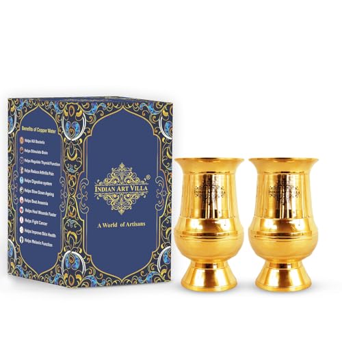 Image of INDIAN ART VILLA Brass Gold Vertical Lining Glass, Traditional Drinking Glass for Water, Lassi, Buttermilk & Milk, Elegant Serveware Tumbler for Home, Kitchen & Restaurant, 200 ML, Set of 2