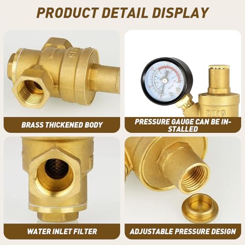 Riisoyu Druckminderer Wasser 1/2 Zoll DN15 mit Manometer, Wasserdruckminderer mit Manometer Hergestellt aus 100% Hohe Härte Messing mit Einstellwerkzeugen Messing Wasserdruckminderer