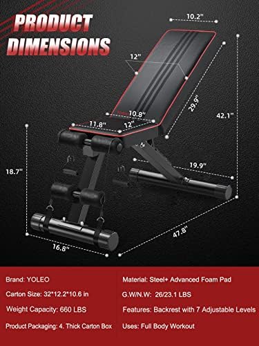 YOLEO Adjustable Weight Bench - Utility Weight Benches for Full Body Workout, Foldable Incline/Decline Bench Press for Home Gym