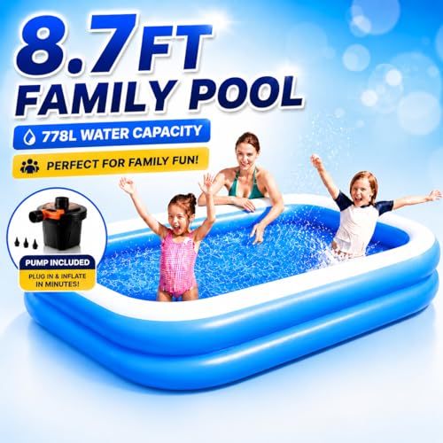Image of NHR Combo Inflatable Family Swimming Pool with Electric Pump - Large Rectangular Outdoor Pool for Kids & Adults, Heavy Duty PVC Portable Backyard Pool, 262 x 175 x 51 cm