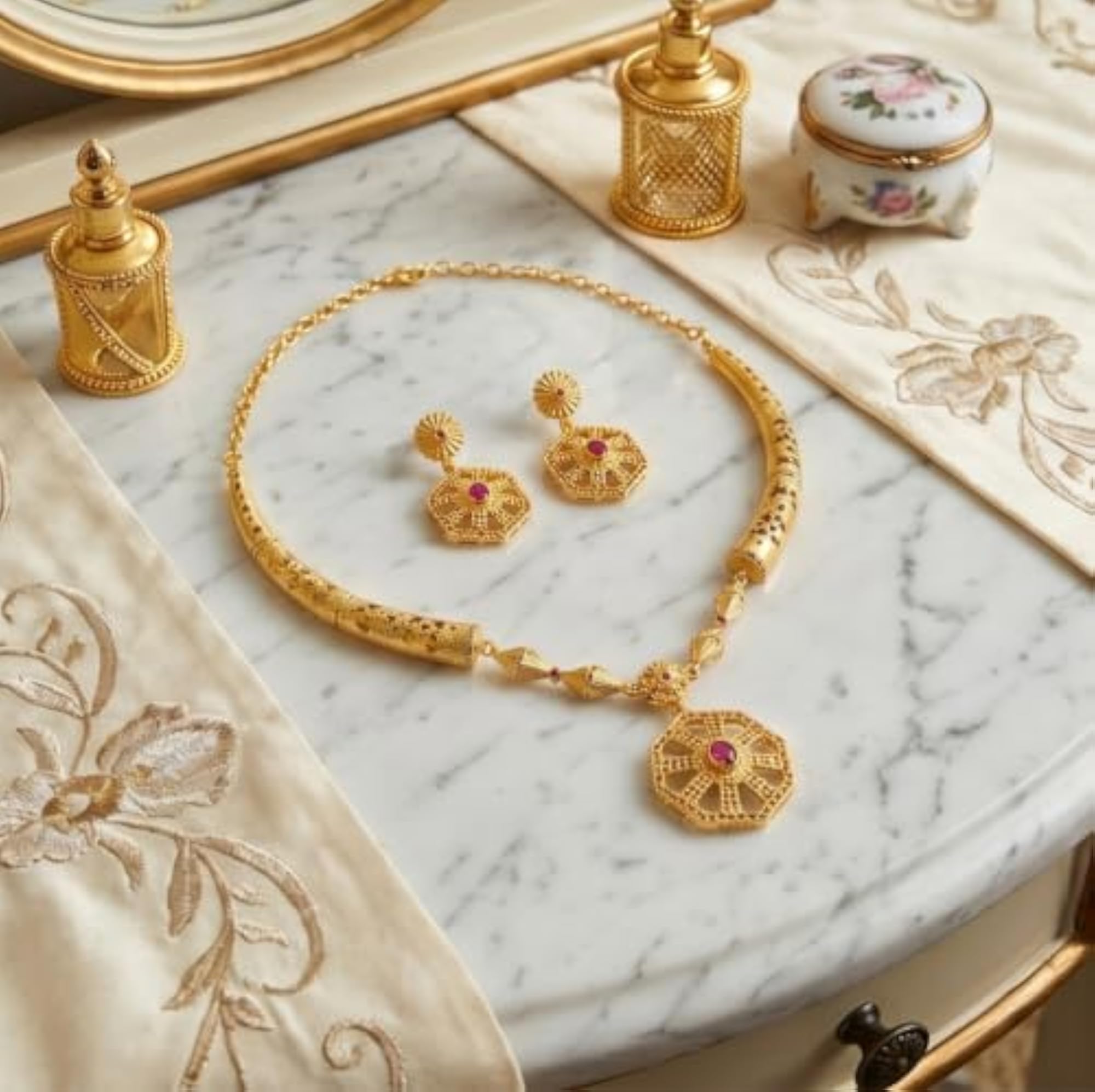 Women's Hexagonal Pattern Goldenen Set, Pendant Necklace & Earrings