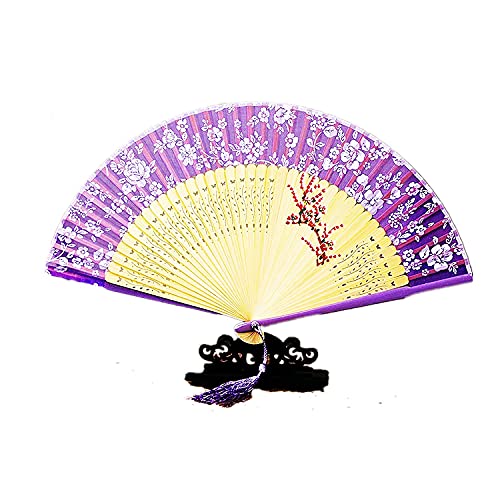 NC Chinese Fan Boutique Bamboo Fan, Ladies Hand Fan Foldable, Gold-Plated Plain Hand Fan Foldable, Wedding Banquet, Dance Party, Gift Fan, Craft Fan, Festival Fan, (Purple Silk Fan), 20cmx38cm