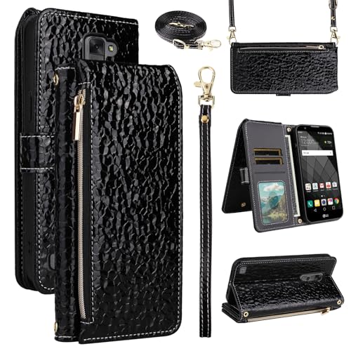 Furiet Luxury Wallet Case for LG Stylo 2 2+/Stylus 2 Plus/Stylo2 V 2V Verizon with Wrist Strap Shoulder Strap Zipper Purse Sparkly Pleated Pattern Card Holder Stand Phone Cover for G LS775 VS835 Black