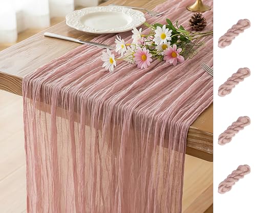 FEXIA 4Pcs Dusty Pink Cheesecloth Table Runner Wedding Bridal Shower Decor