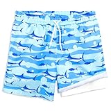 SiorVeol Boys Swim Trunks with Compression Liner Boy Swimming Shorts Stretch Quick Dry Swimsuit Bathing Suit, Blue Shark, 7-8 Years