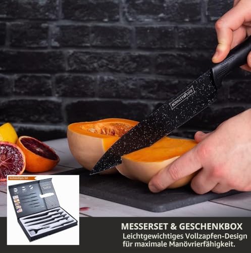 Foto von Lalene By RoyaltyLine messer scharf küche, Kochmesser 6 teilig mit anti haft Beschichtung, küchen messer Spickmesser, Brotmesser, Küchenmesser im Carbon Design (Non-stick Black)