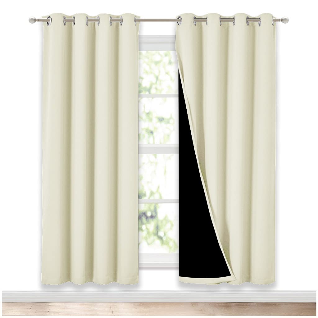 NICETOWN Living Room Completely Shaded Draperies, Privacy Protection & Noise Reducing Ring Top Drapes, Black Lined Insulated Window Treatment Curtain Panels (Beige, 2 Pieces, W52 x L72)