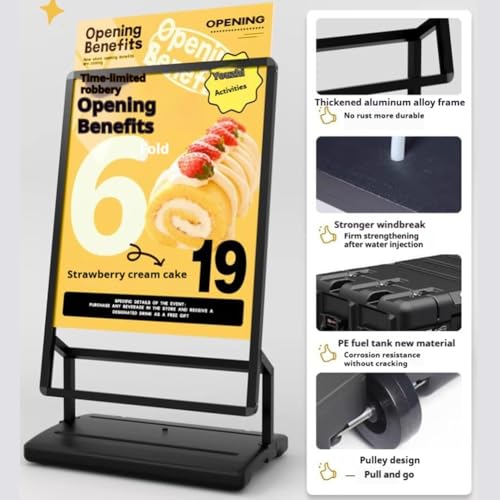 Soporte para carteles de exterior con base rellena, resistente al viento, soporte para letreros de acera con ruedas para negocios, publicidad, menú, guía