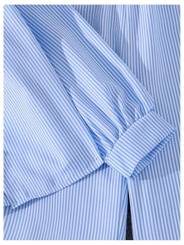 Image of MakeMeChic Girl's 2 Piece Outfit Striped Long Sleeve Button Down Shirts and Elastic Waist Pants Set Light Blue 9Y