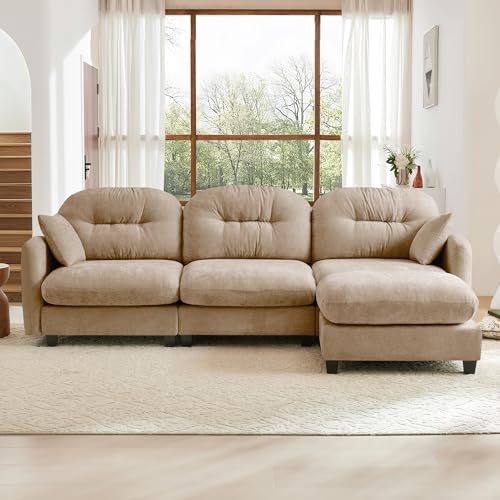Image of KEIKI 107 inch L-Shaped Oversized Chenille Modular Sectional Sofa with 1 Ottoman, High-Density Foam Cushions, Tufted Pleated Cushion Backrest, Modern 3-Seater Couch with 2 Pillow, for Living Room, Camel
