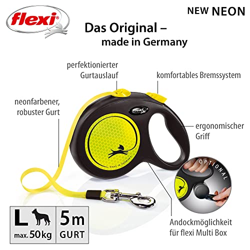 flexi® Neon L Gurt 5 m schwarz, Gurt in neon-gelb, Roll-Leine für Hunde bis 50 kg