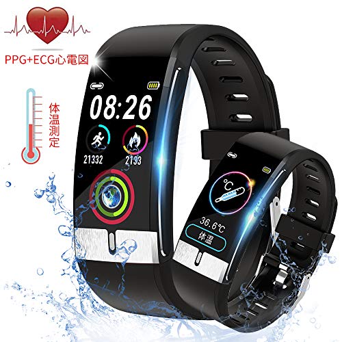 【2020発売-24時間体温監視】 スマートウォッチ 体温測定 ECG+HRV 心電図 心拍計 血圧計 睡眠検測 スマートブレスレット 活動量計 歩数計 目覚まし時計 距離測定 消費カロリー スポーツウォッチ 長座注意 着信電話通知/Twitter/WhatsApp/Line/アプリ通知 iphone/Android対応 日本語対応 日本語説明書付属