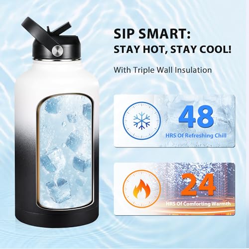 Image of Insulated Water Bottle 64 oz, Triple Wall Vacuum Stainless Steel Water Bottles (Cold for 48 Hrs), Leak Proof & Non-BPA, Half Gallon Water Flask Jug Wide Mouth Straw Lid & Spout Lid