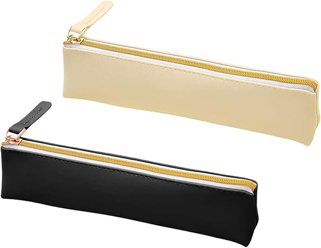Jagowa 2PCS PU Leather Pencil Case Waterproof Simple Design Pen Bag Pocket Pen Holder for Student Office College(Black and Beige, Pink and Green)
