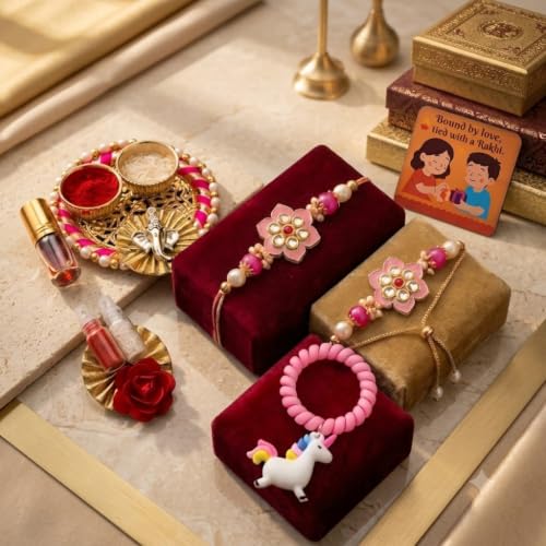 Image of SAUDEEP INDIA Decorative Fridge Magnet for Refrigerator Decor | Family Rakhi Combo Set for Bhaiya Bhabhi & Kid with Thali | Raksha Bandhan Gift | Couple Rakhi with Kid Rakhi | Festival Home Decoration