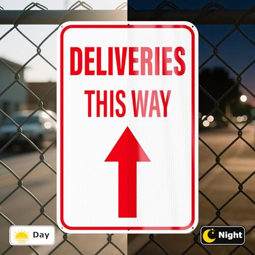Anobell 2 Pack Deliveries This Way Sign with Directional Upward Arrow 18 × 12 Inch Reflective Aluminum Rust Free Metal Package Delivery Signs for Outside Home Business Property