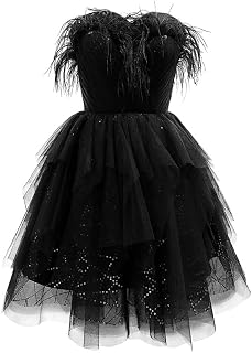 Feather Fringes Tiered Dress Short Sparkly Tulle Sleeveless Ball Gown Formal Evening Cocktail Dresses for Women