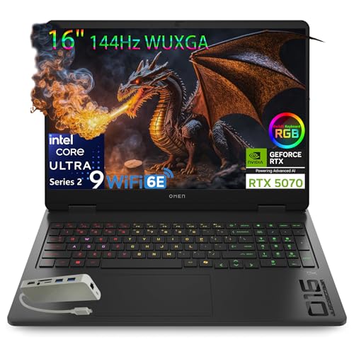 Image of HP OMEN 16 inch 144Hz WUXGA Slim Gaming Laptop, Intel 16-Core Ultra 9 285H, GeForce RTX 5070 Computer, 32GB DDR5 RAM, 1TB SSD, WiFi 6E, RGB Backlit KB, Windows 11, Type-C Hub