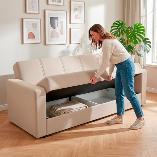 Arreditaly Divano 2 Posti Con Contenitore Moderno Salvaspazio Con Meccanismo Click-Clack E Imbottitura A Molle Design Moderno Ideale Per Soggiorno Salotto Ufficio Cameretta 152.5 X 80 X 87 Cm Beige - 4