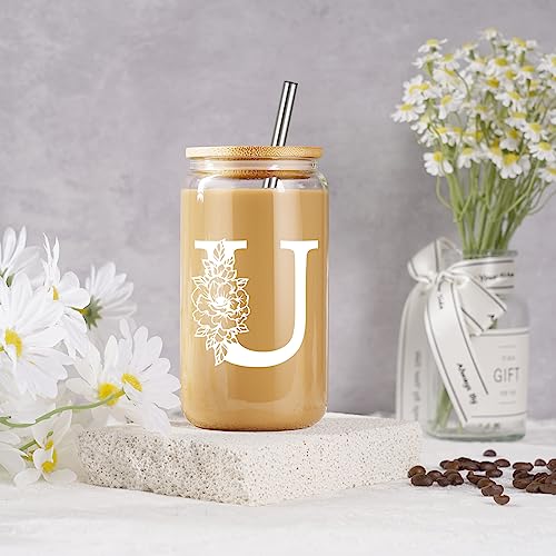 Image of Coolife Initial Glass Cup, Monogrammed Gifts for Women, 16 oz Tumbler w /Lid | Iced Coffee Smoothie Beer Tumbler w /Straw Lid - Personalized Christmas, Birthday Gifts for Woman Her Mom Friend