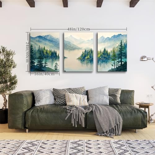 SERIMINO Nature Landscape Wall Art for Living Room, Green Forest Mountain Canvas Prints Paintings Room Decor, Lake Tree Cottagecore Modern Farmhouse Wall Decor Set of 3, 16"X24"