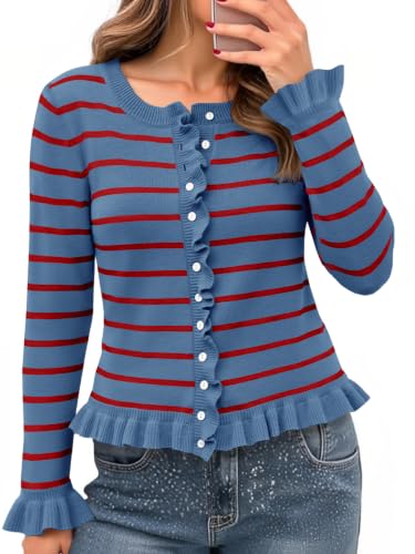 Image of Saodimallsu Womens Ruffle Cardigan Sweaters Button Up Crew Neck Long Sleeve Cropped Sweater Cute Soft Knit Tops