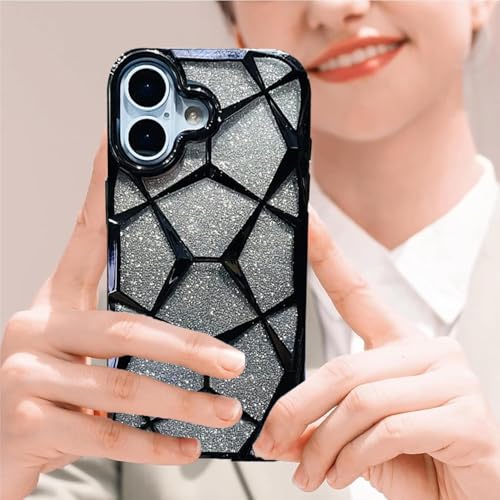 Image of VONZEE Gradient Glitter Back Cover Case Compatible with iPhone 17, Luxury Electroplated 3D Cube, Diamond Bling Shiny Soft TPU Clear Shockproof Women Girls Protective Phone Cover (Black)