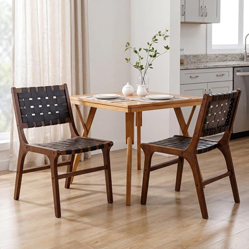 DM Furniture Woven Leather Dining Chairs Set of 2, Mid Century Modern Solid Wood Dining Room Chairs with Handwoven Leather Strap Seat, Armless Kitchen Side Chairs for Dining Room, Restaurant, Black