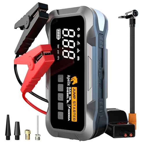 Apellx Arrancador de coche de alta potencia de 12 V 4000 A, amplificador de batería de 24,000 mAh con bomba de aire y luz LED, banco de energía portátil para coches, camiones y SUV