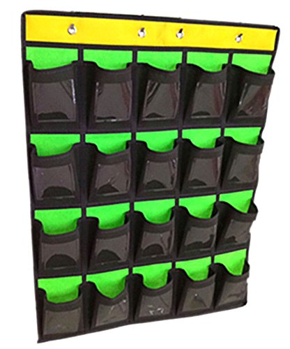 Cell Phone Pocket Chart Classroom Calculator Holder Hanging Organizer Green(20 Pockets with Cards)