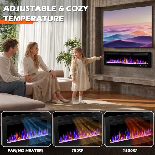 Image of BETELNUT 68 inch Electric Fireplace Wall Mounted and Recessed with Remote Control, 750 /1500W Ultra-Thin Wall Fireplace Heater W /Timer Adjustable Flame Color and Brightness, Log Set & Crystal Options