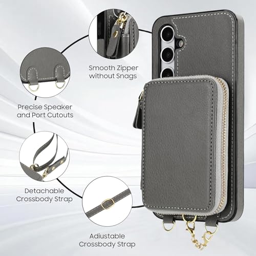 Capa de celular para Samsung Galaxy A15 5G/4G carteira com zíper e protetor de tela, alça transversal 2 em 1 magnético destacável MagSafe bloqueio RFID Flip A 15 G5 15A feminino masculino cinza